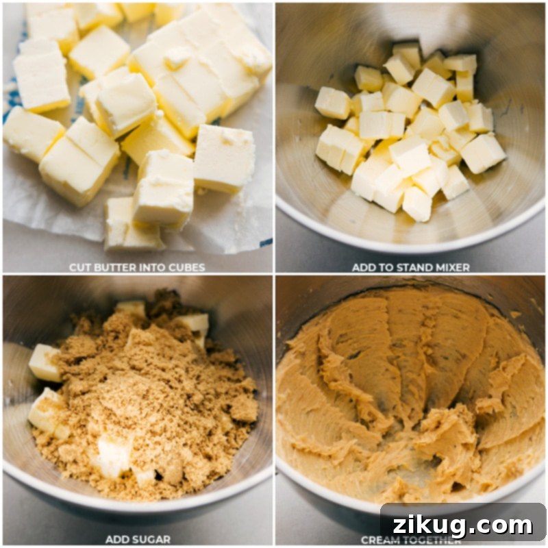 Process images showing butter and sugars being creamed together in a stand mixer.