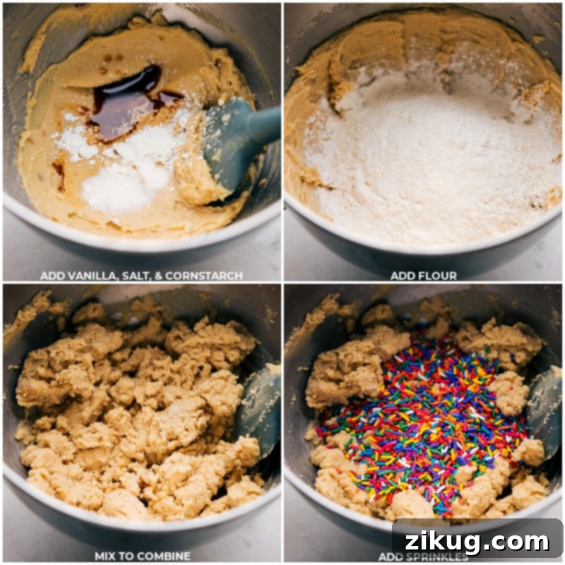 Process images of slice and bake cookie dough being mixed, showing vanilla, salt, cornstarch, and sprinkles being incorporated.
