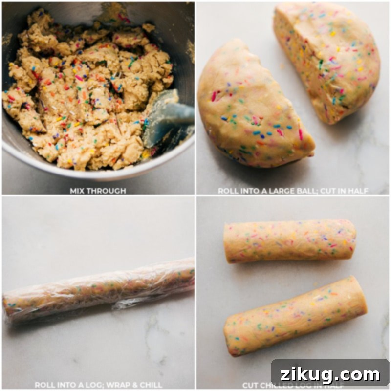 Process images showing cookie dough being rolled into a log, wrapped in plastic, and chilling in the refrigerator.