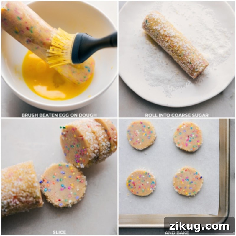 Process images of slice and bake cookie dough log being brushed with egg wash, rolled in coarse sugar, and then sliced into discs for baking.