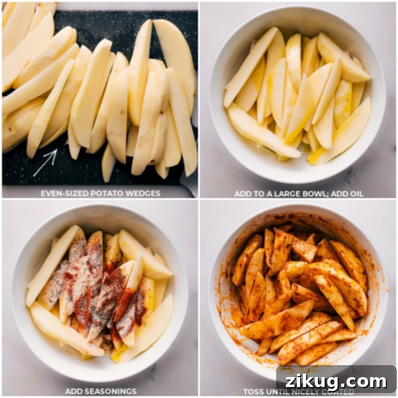 Preparing crispy potato wedges for the baked fish and chips. Process shots showing potatoes being cut into wedges and seasoned for baking