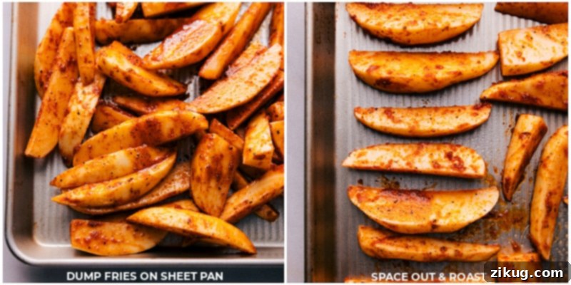 Crispy oven-baked potato wedges for a healthier fish and chips. Close-up image of crispy potato wedges baking in the oven