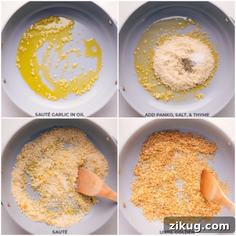 Toasting panko breadcrumbs for extra crunch in baked fish and chips. Process shot of panko breadcrumbs being toasted in a pan