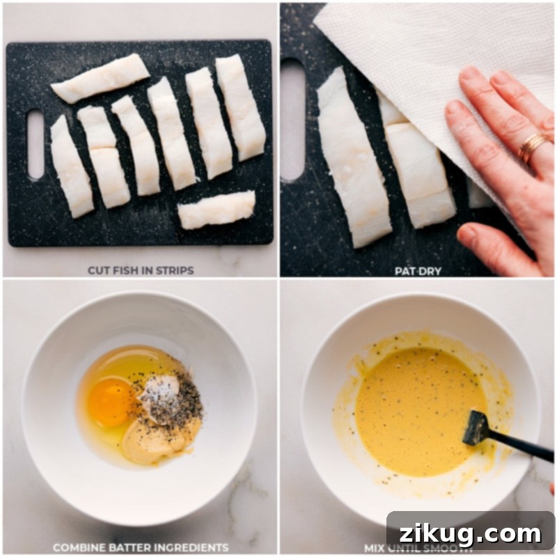 Preparing cod fillets for a crispy breading in baked fish and chips. Process shots of fish being cut into strips and egg wash being mixed for breading