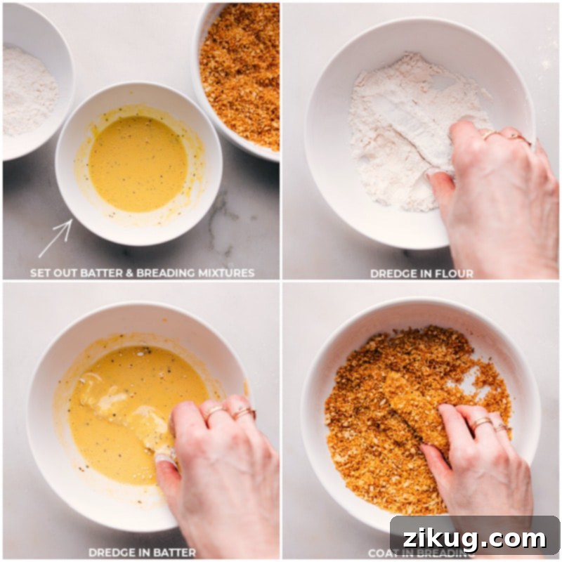 Breading cod fillets for a perfectly crispy, oven-baked texture. Process shots of fish being dredged in flour, egg wash, and panko breading