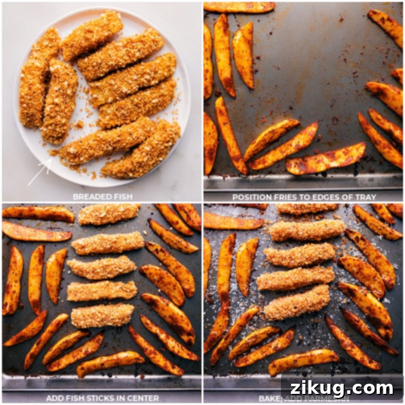 Assembling the one-pan baked fish and chips before oven cooking. Process shots of breaded fish being placed on a sheet pan with seasoned fries, ready for baking