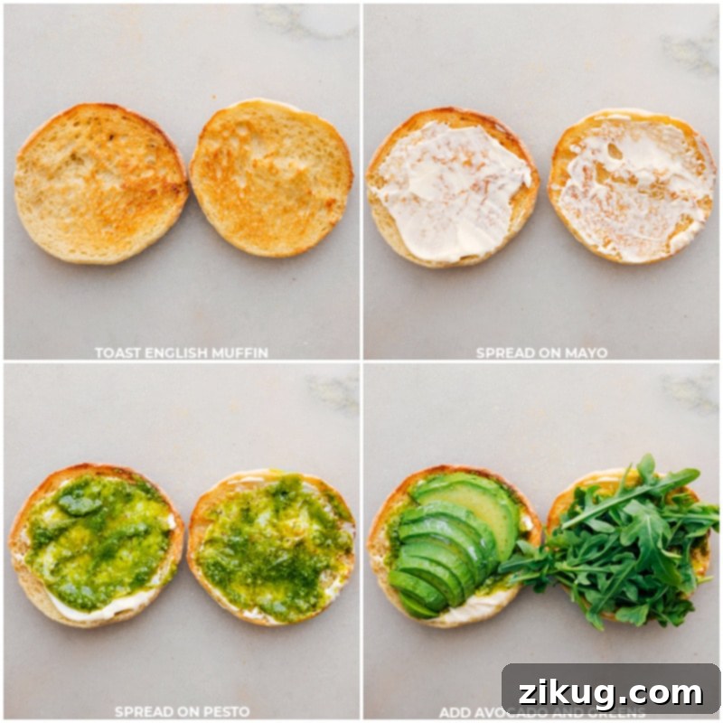 Step-by-Step Assembly of Your English Muffin Sandwich Delights A visual step-by-step guide to assembling the English Muffin Sandwich. Images show English muffins being toasted, then spread with mayo and pesto, followed by layers of fresh avocado slices and crisp greens.