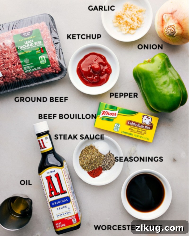 Key Ingredients for Philly Cheesesteak Sloppy Joes: Ground beef, A1 sauce, Worcestershire, ketchup, provolone, brioche bun for an easy and flavorful family dinner. A vibrant collage showcasing all the fresh and packaged ingredients required for making Philly Cheesesteak Sloppy Joes, including ground beef, bell peppers, onions, various sauces, and spices.