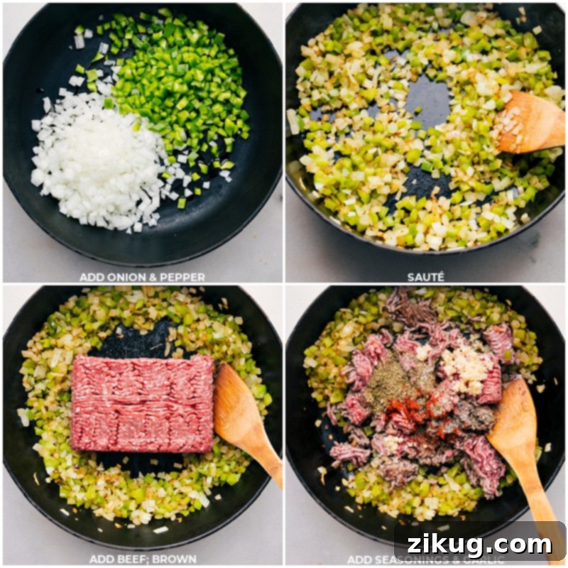 Sautéing onions, peppers, ground beef, and seasonings for flavorful Philly Cheesesteak Sloppy Joes. Yellow onions, green bell peppers, lean ground beef, Italian seasoning, paprika, salt, pepper, and minced garlic simmering together in a cast-iron skillet, creating the aromatic base for Philly Cheesesteak Sloppy Joes.