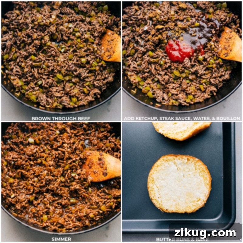 Mixing sauce into beef and toasting brioche buns for Philly Cheesesteak Sloppy Joes. Step-by-step images: Ketchup, A1 steak sauce, Worcestershire, and beef bouillon being mixed into the ground beef. Separately, brioche buns are buttered and placed on a sheet pan, ready to be toasted to golden perfection in the oven.