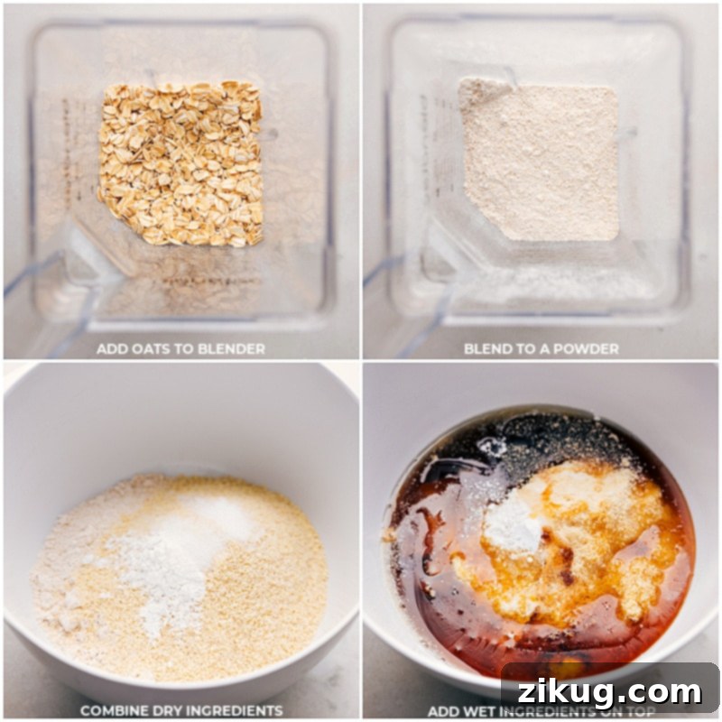 Essential steps for making healthy sugar cookies: blending oats and mixing wet and dry ingredients. Process shots showing oats being blended into flour, then mixed with dry ingredients, followed by the addition of wet ingredients in a bowl for healthy sugar cookies.