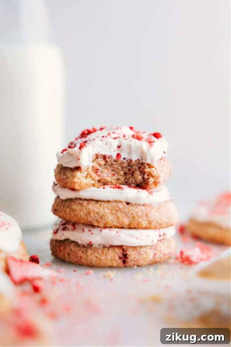 Our favorite Healthy Sugar Cookies, beautifully frosted and topped with freeze-dried fruit for a delicious and nutritious dessert. Close-up image of the Healthy Sugar Cookies adorned with a light cream cheese frosting and sprinkled with vibrant freeze-dried strawberries and raspberries.