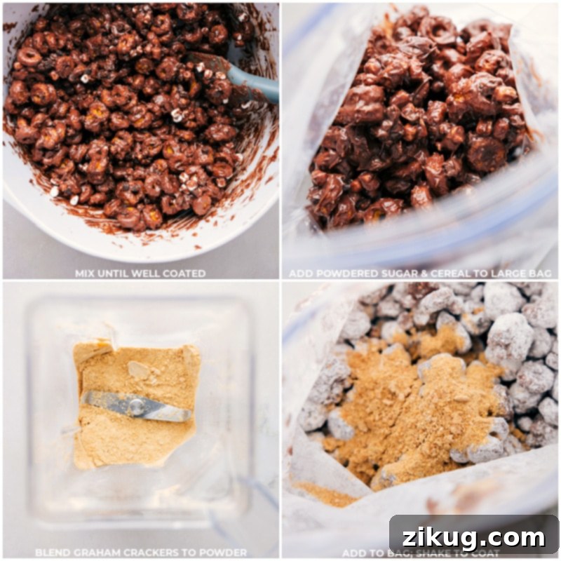 Powdered sugar and graham cracker crumbs being added to the chocolate-coated cereal in a bag for these S'mores Muddy Buddies.
