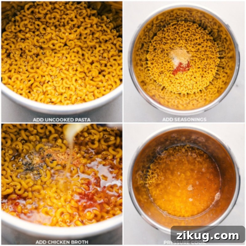 Step-by-step images showing dry pasta, broth, and seasonings being added to an Instant Pot before pressure cooking.