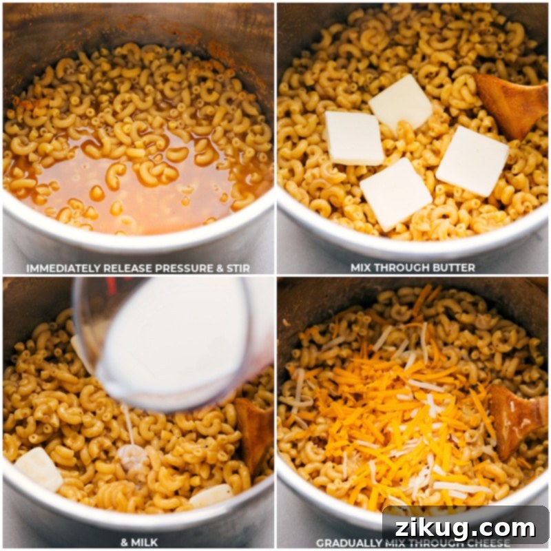 Close-up process shots of butter, milk, and a generous amount of shredded cheese being mixed into the cooked pasta in the Instant Pot, creating a creamy sauce.