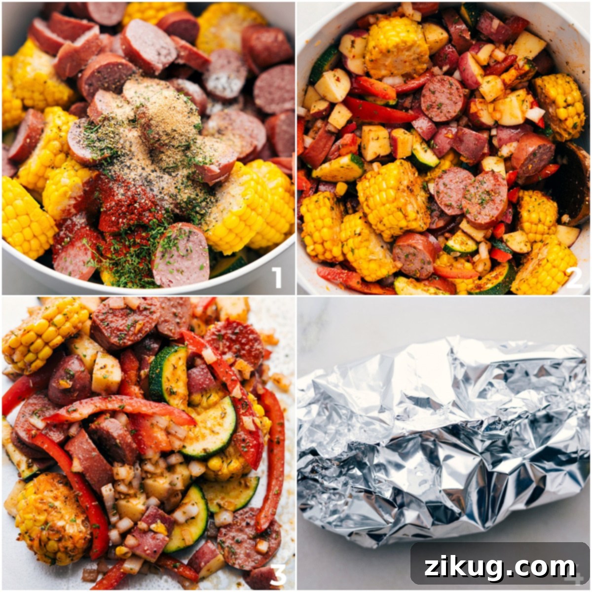 Step-by-Step Guide: How To Make Tin Foil Sausage and Veggies Recipe All the prepped ingredients for Tin Foil Sausage and Veggies Dinner being combined in a large bowl, tossed with oil and seasonings, then divided and sealed in heavy-duty tinfoil packets ready for cooking.
