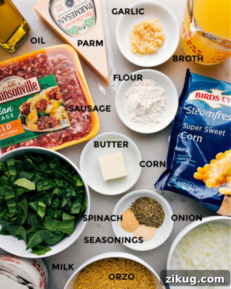 Gather your ingredients for Creamy Sausage, Corn, & Spinach Orzo: savory Italian sausage, sweet corn, fresh spinach, orzo pasta, and a rich Parmesan sauce await. A beautiful flat lay of fresh ingredients laid out on a white surface, featuring Italian sausage, frozen corn, baby spinach, orzo pasta, garlic, onion, and various seasonings, ready for cooking this delicious orzo dish.