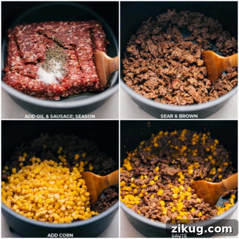 Initial steps for Creamy Sausage, Corn, & Spinach Orzo: brown the Italian sausage, then add sweet corn for a hearty and flavorful base. Process shot showing crumbled Italian sausage browning in a large nonstick pot, with sweet frozen corn being added to the mixture, highlighting the initial cooking stages of the orzo dish.