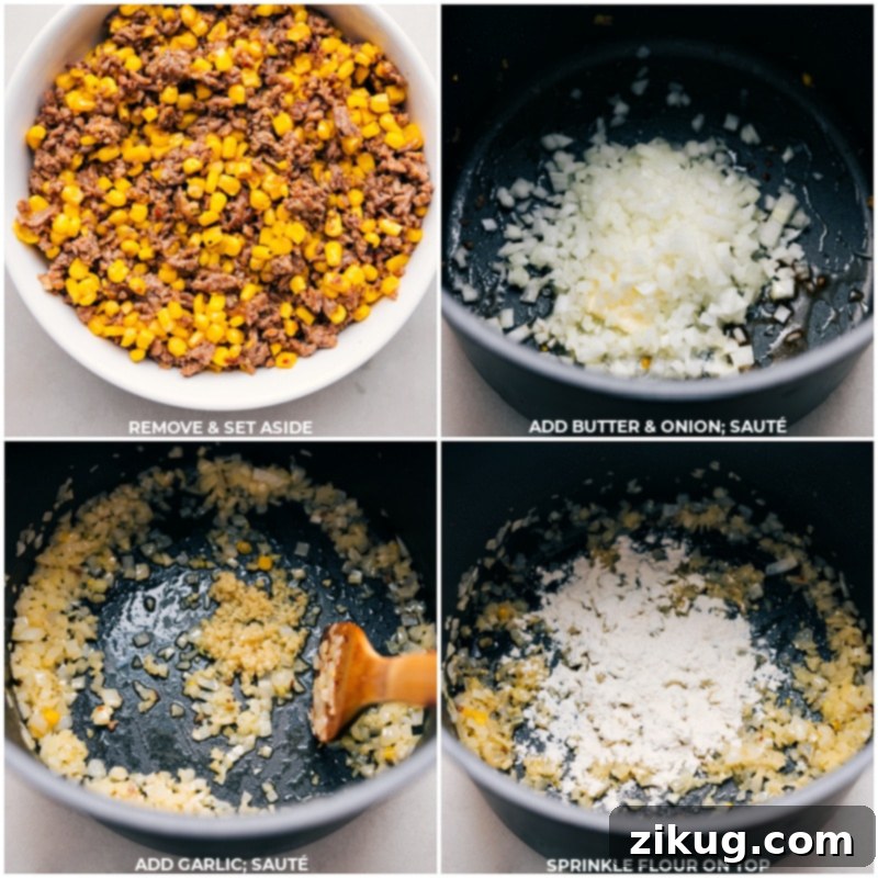 Preparing the base for Creamy Sausage, Corn, & Spinach Orzo: first, remove the sausage and corn, then sauté onions and garlic for an aromatic start. Process shots depicting the removal of cooked Italian sausage and corn from the pot, followed by the sautéing of finely diced onions and minced garlic to build the flavor base for the creamy orzo sauce.