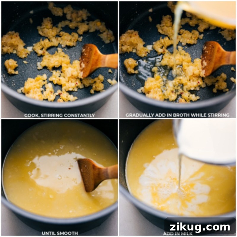 The heart of Creamy Sausage, Corn, & Spinach Orzo: crafting a rich, smooth, and flavorful cream sauce. Process shot showing the creation of the creamy sauce for the orzo, with chicken broth and milk being whisked into a roux of butter, flour, onions, and garlic in a large pot, creating a smooth, rich base.