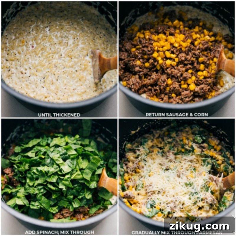 The final touches for Creamy Sausage, Corn, and Spinach Orzo: folding in savory sausage, sweet corn, fresh spinach, and rich Parmesan cheese for a truly comforting dish. A close-up process shot showing the cooked Italian sausage and sweet corn being stirred back into the creamy orzo, along with vibrant baby spinach and grated Parmesan cheese, just before serving, highlighting the final melding of ingredients.