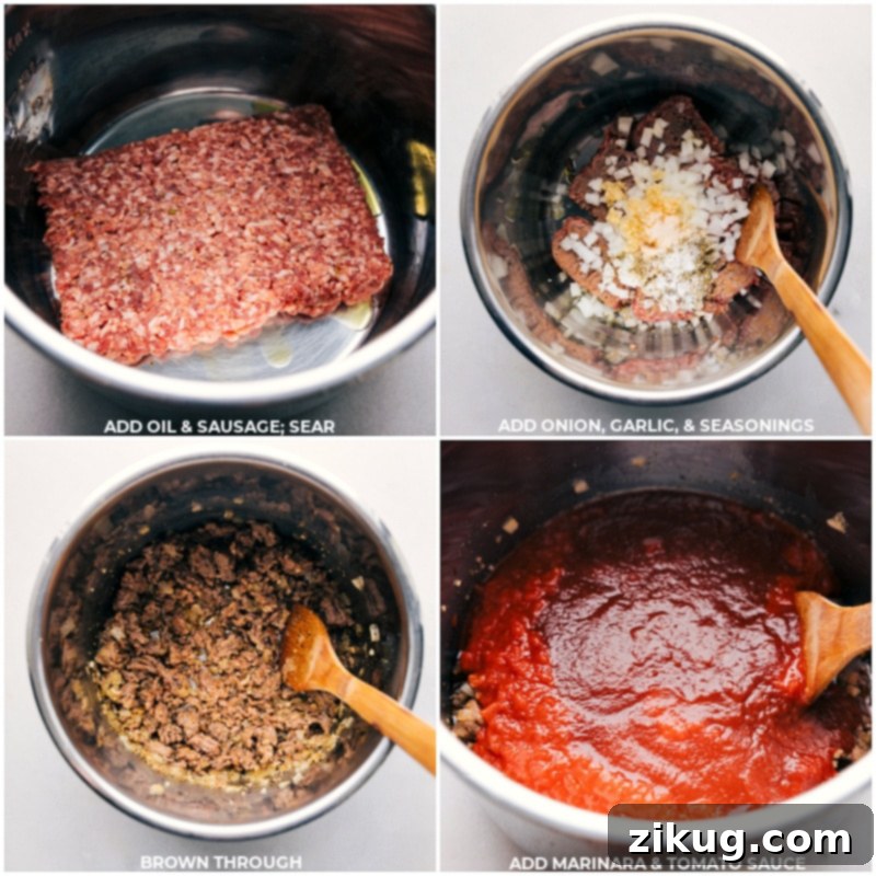 Follow these steps for perfectly cooked Instant Pot Spaghetti. Sequential process images showing Italian sausage browning, followed by the addition of onions, garlic, seasonings, marinara, and tomato sauce into the Instant Pot.