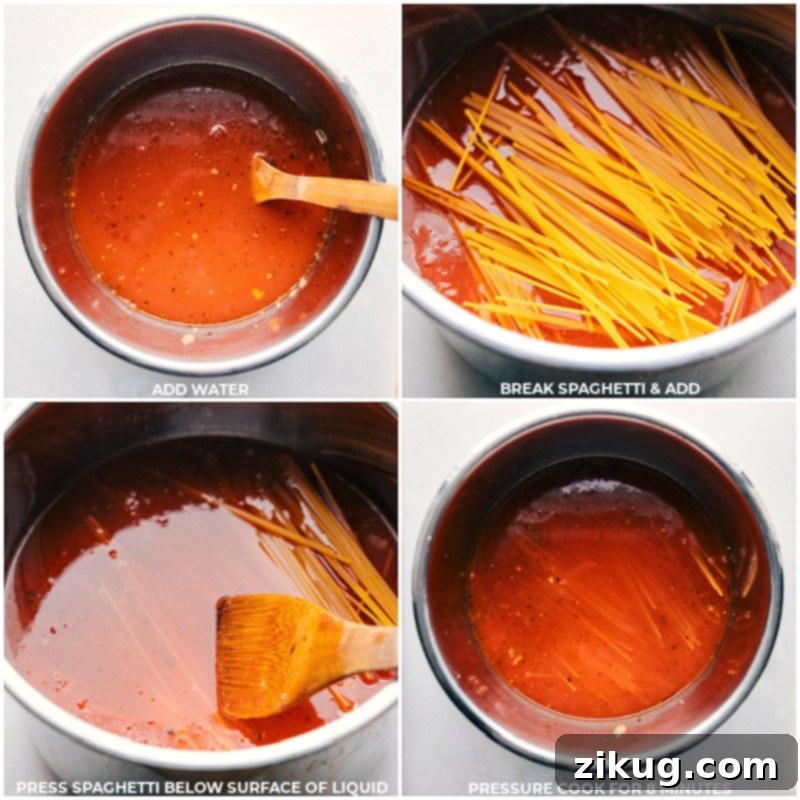 Adding spaghetti to the Instant Pot for perfect pressure cooking. Process shots illustrating the spaghetti strands being added to the Instant Pot in a criss-cross pattern, followed by images of the pressure cooking cycle.