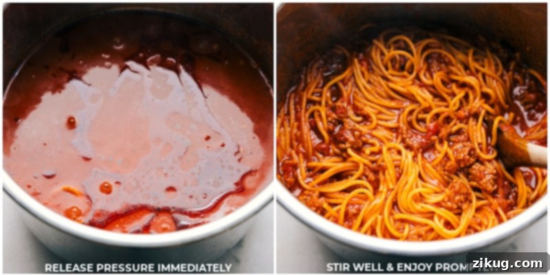 Stirring Instant Pot Spaghetti for a perfectly blended sauce. Process shots showing the Instant Pot releasing pressure, followed by the fully cooked spaghetti being stirred together to combine all ingredients evenly.