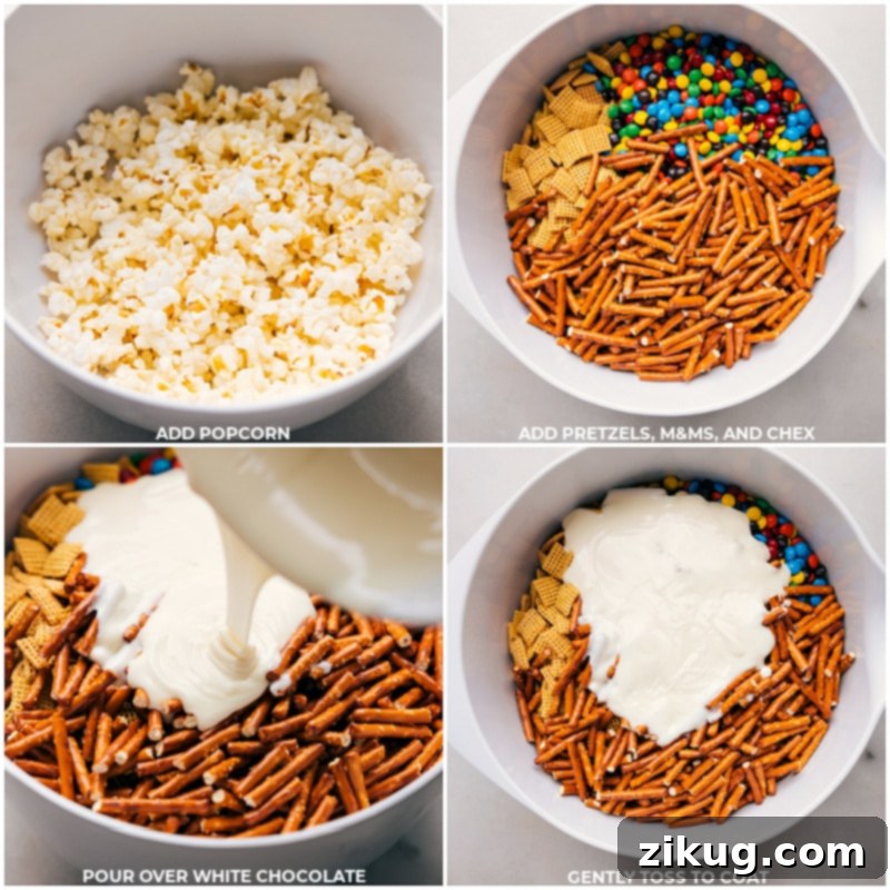 Witness the creation of this delightful Popcorn Snack Mix! Here, popcorn, pretzels, Chex cereal, and mini M&M's are perfectly blended, ready to be coated in creamy white chocolate for an irresistible sweet and salty treat. No baking required for this quick and easy recipe via chelseasmessyapron. Process shots of Popcorn Snack Mix preparation, showing popcorn, pretzels, M&M's, and Chex cereal being combined in a large bowl.