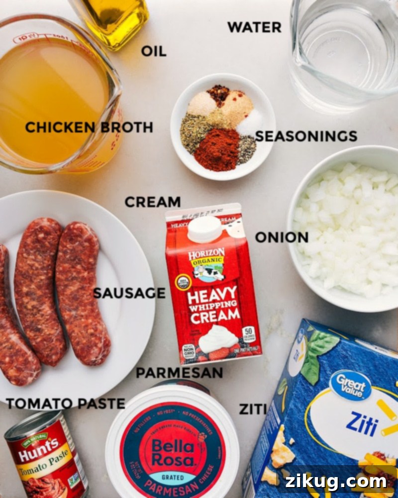 All the ingredients for Instant Pot Baked Ziti: creamy, flavor-packed pasta with robust Italian sausage and Parmesan tomato sauce. Recipe via chelseasmessyapron. A vibrant flat lay image showcasing all the fresh and pantry ingredients used for Instant Pot Baked Ziti, neatly arranged.