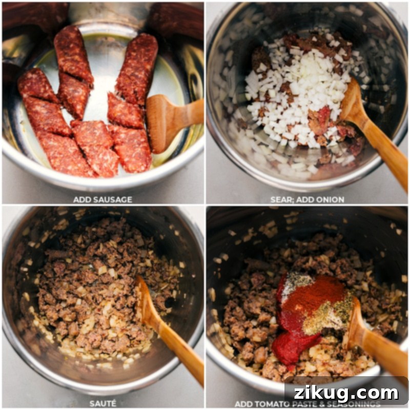 Our favorite Instant Pot Baked Ziti: creamy, flavor-packed pasta with robust Italian sausage and rich Parmesan tomato sauce. An effortlessly delicious weeknight win! A series of process shots showing the initial steps of making Instant Pot Baked Ziti, including browning sausage, cooking onions, and adding tomato paste and seasonings.