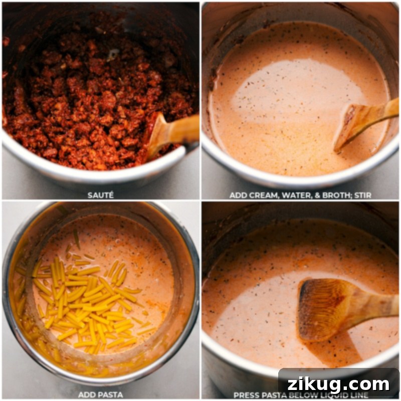 Preparing Instant Pot Baked Ziti: a creamy, flavor-packed pasta dish with robust Italian sausage and rich Parmesan tomato sauce. This meal is whipped up effortlessly in your trusty pressure cooker -- it's a delicious weeknight win! Process shots demonstrating the addition of cream, water, broth, and finally pasta to the Instant Pot for Baked Ziti.
