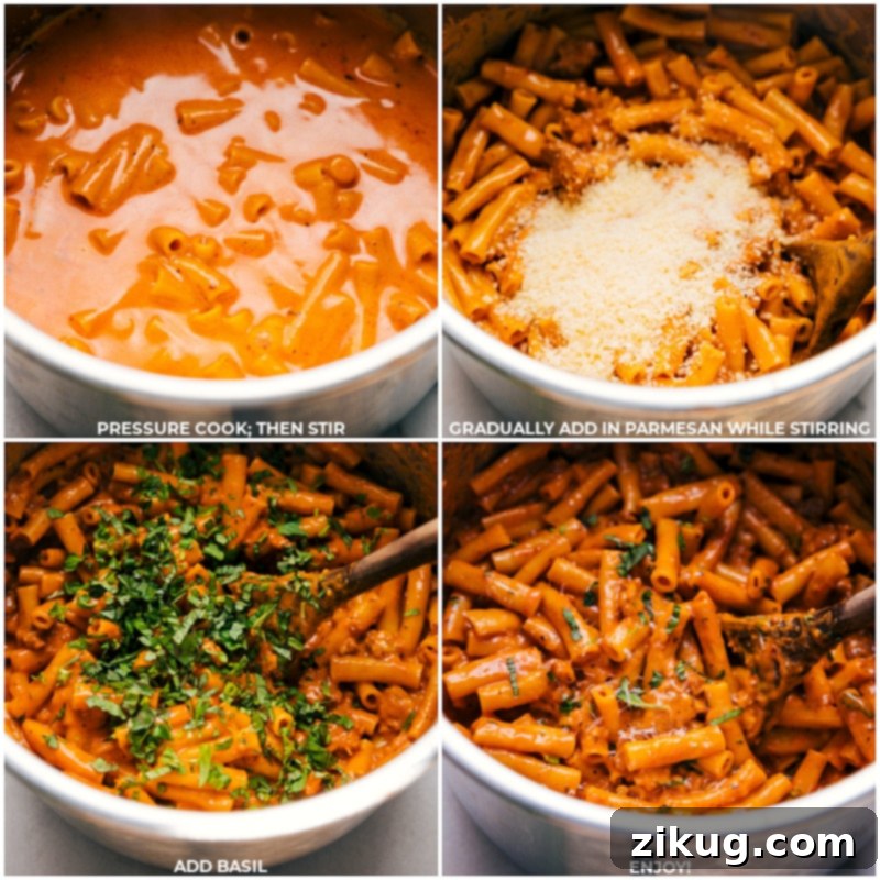 The best Instant Pot Baked Ziti: creamy, flavor-packed pasta with robust Italian sausage and rich Parmesan tomato sauce. This meal is whipped up effortlessly in your trusty pressure cooker -- it's a delicious weeknight win! Process shots of Instant Pot Baked Ziti showing the final stages, including pressure cooking, then adding fresh Parmesan and basil to the finished dish.
