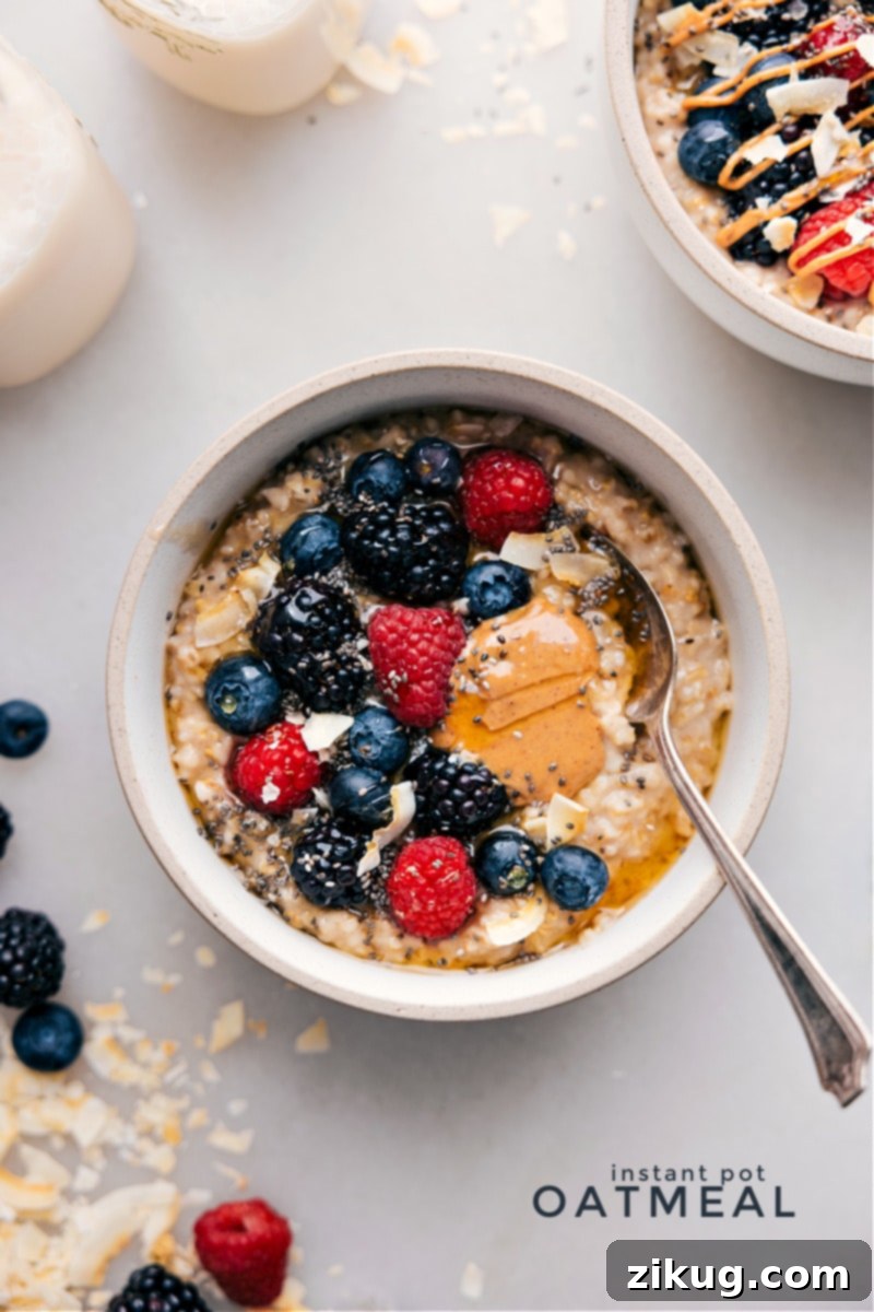 Instant Pot Oatmeal with Berries in a Bowl Instant Pot Oatmeal in a bowl with berries on top.