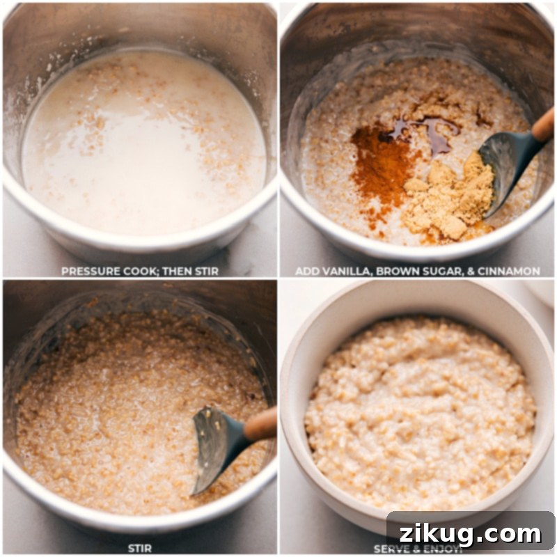 Instant Pot Oatmeal! This cozy bowl is not only quick to make but also super filling and brimming with wholesome ingredients. Recipe via chelseasmessyapron #breakfast #best #quick #easy #simple #brunch #onepot #instantpot #oatmeal Process shots-- images of the dish being pressure cooked, then vanilla, brown sugar, and cinnamon being added