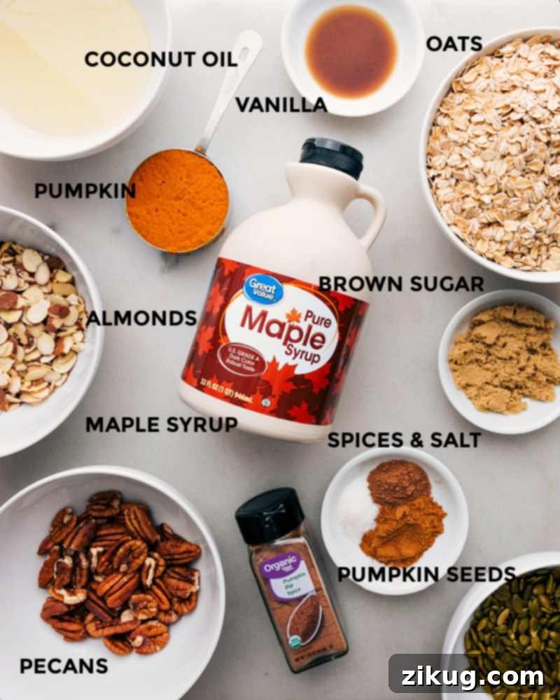 A collection of fresh ingredients laid out on a table, including canned pumpkin, maple syrup, coconut oil, oats, sliced almonds, pecans, pepitas, and an array of spices like cinnamon and pumpkin pie spice.