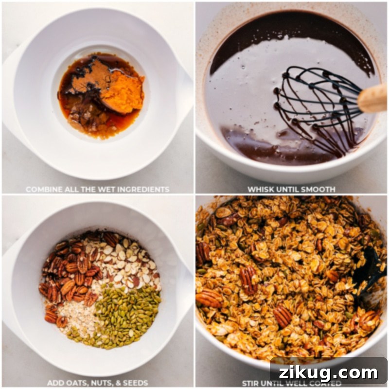 A visual guide showing the steps of making Pumpkin Granola, with images of wet and dry ingredients being combined in a large bowl and mixed thoroughly.