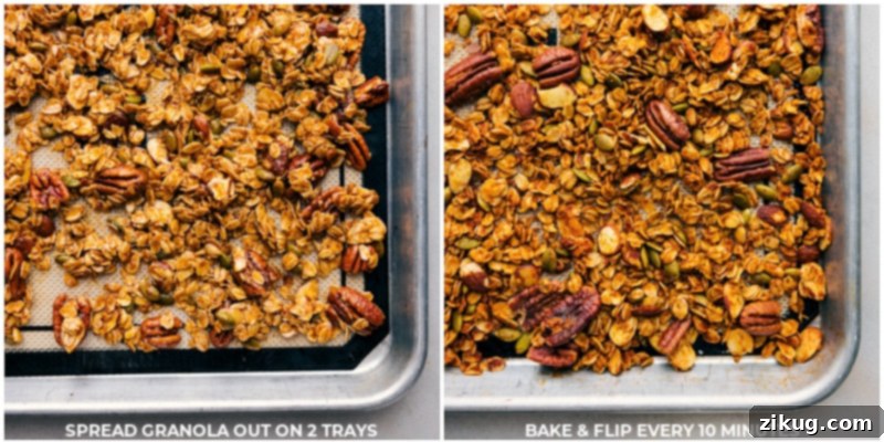 Close-up process shot of Pumpkin Granola baking in the oven, showing its developing golden-brown clusters and toasted nuts on a sheet pan.