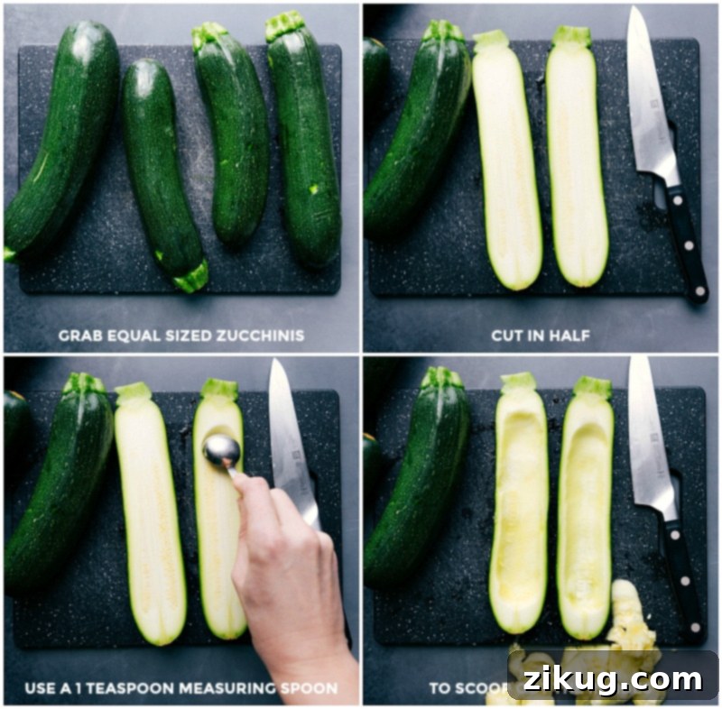 Select similar-sized zucchini; cut each in half lengthwise; scoop out the seeds and most of the flesh with a small measuring spoon.