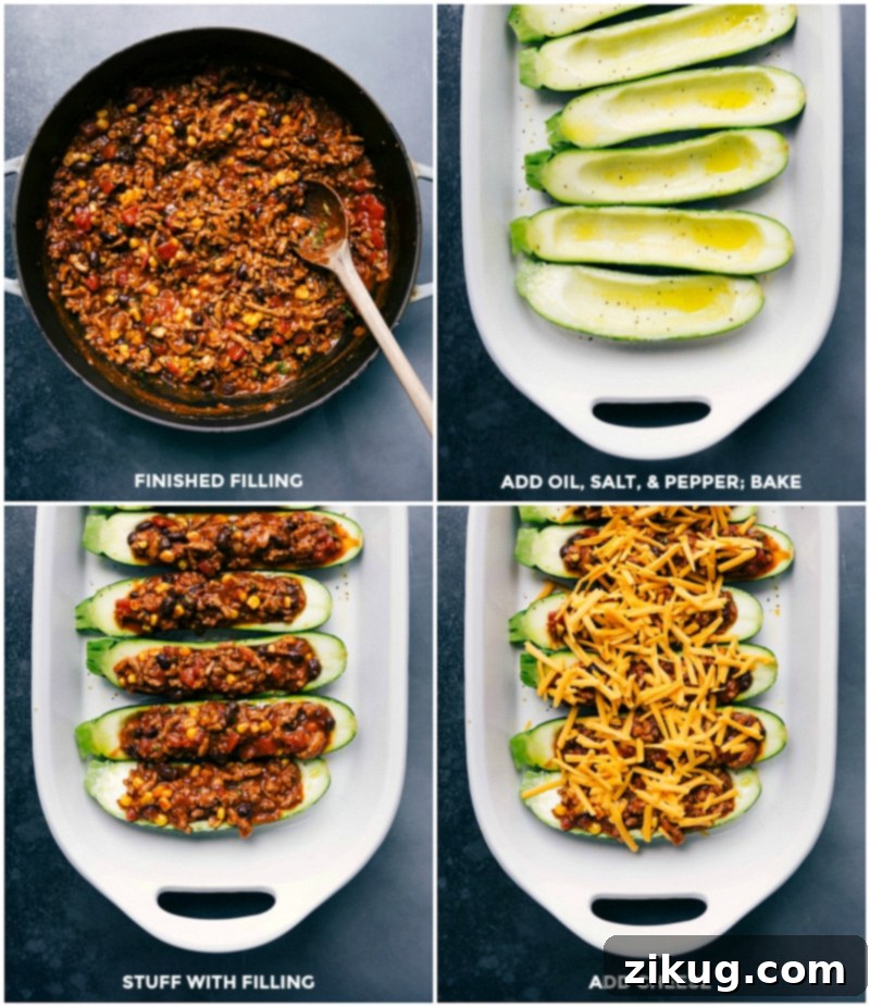 Mexican zucchini burrito boats filled with seasoned ground turkey mixture and cheese, baked to perfection.