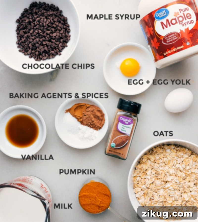 High-quality ingredients for the best Pumpkin Baked Oatmeal. Fresh pumpkin, fragrant spices, and natural sweeteners come together for a wholesome breakfast. Recipe via chelseasmessyapron #breakfast #quick #easy #simple #treat #chocolatechips #baked #pumpkin #oatmeal A collection of fresh ingredients laid out, including canned pumpkin puree, old-fashioned oats, milk, eggs, maple syrup, vanilla extract, and various spices, ready for mixing.