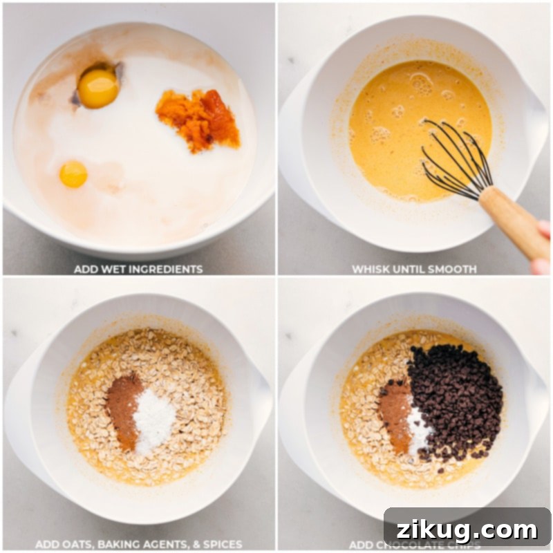 Combining wet and dry ingredients for the best Pumpkin Baked Oatmeal. Simple steps lead to a perfect, comforting breakfast dish. Recipe via chelseasmessyapron #breakfast #quick #easy #simple #treat #chocolatechips #baked #pumpkin #oatmeal A two-part image showing the process: first, wet ingredients being whisked in a bowl, and second, dry ingredients being stirred into the wet mixture, creating the pumpkin oatmeal batter.