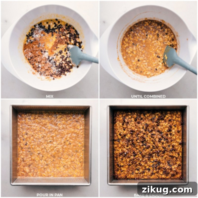 The transformation from ingredients to a perfectly baked Pumpkin Baked Oatmeal. An easy, comforting breakfast for fall mornings. Recipe via chelseasmessyapron #breakfast #quick #easy #simple #treat #chocolatechips #baked #pumpkin #oatmeal A three-part image: wet and dry ingredients mixing, the batter poured into a baking dish, and the finished golden-brown pumpkin baked oatmeal in the oven.