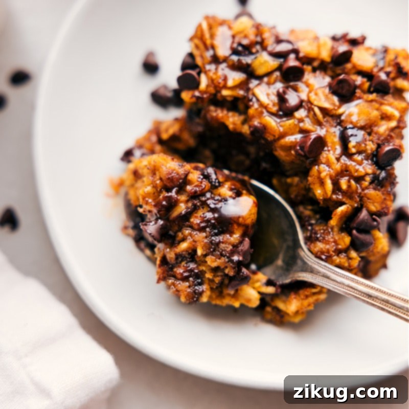 Our favorite Pumpkin Baked Oatmeal is a harmonious blend of rich pumpkin, aromatic spices, natural maple sweetness, and delightful chocolate. The perfect effortless breakfast to infuse your mornings with fall vibes! Recipe via chelseasmessyapron #breakfast #quick #easy #simple #treat #chocolatechips #baked #pumpkin #oatmeal An overhead shot of Pumpkin Baked Oatmeal, with one slice partially removed, revealing the moist, spiced interior and visible chocolate chips.