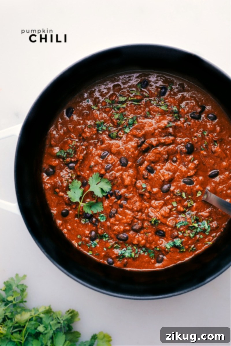 Hearty Pumpkin Chili - A Cozy Fall Dinner Overhead view of a steaming bowl of Pumpkin Chili, garnished with fresh cilantro and a dollop of sour cream.