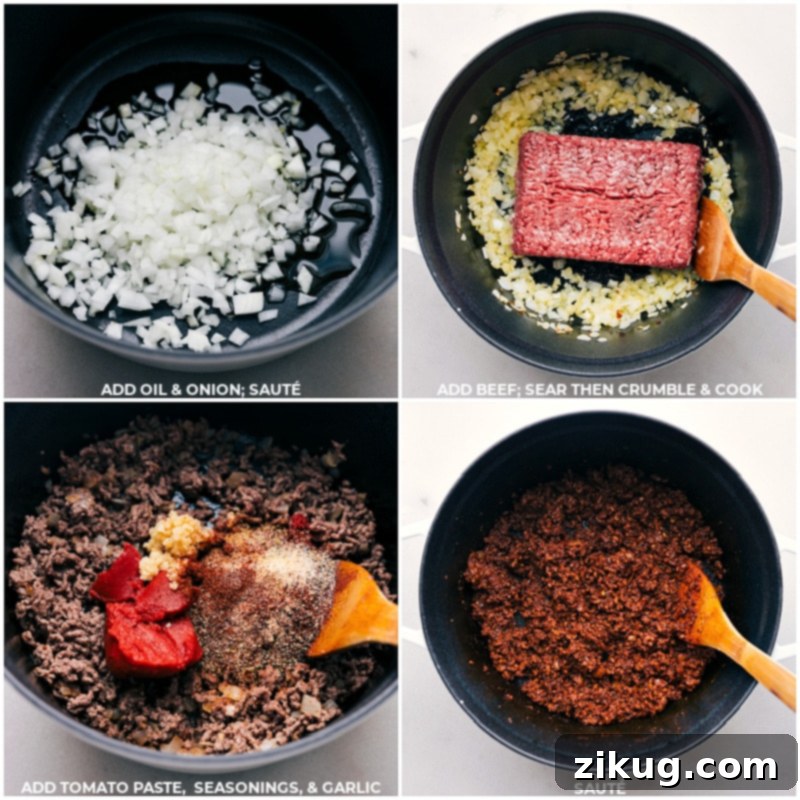 Pumpkin Chili Cooking Process Steps showing onions sautéing, ground beef browning, and spices being stirred into the pot.
