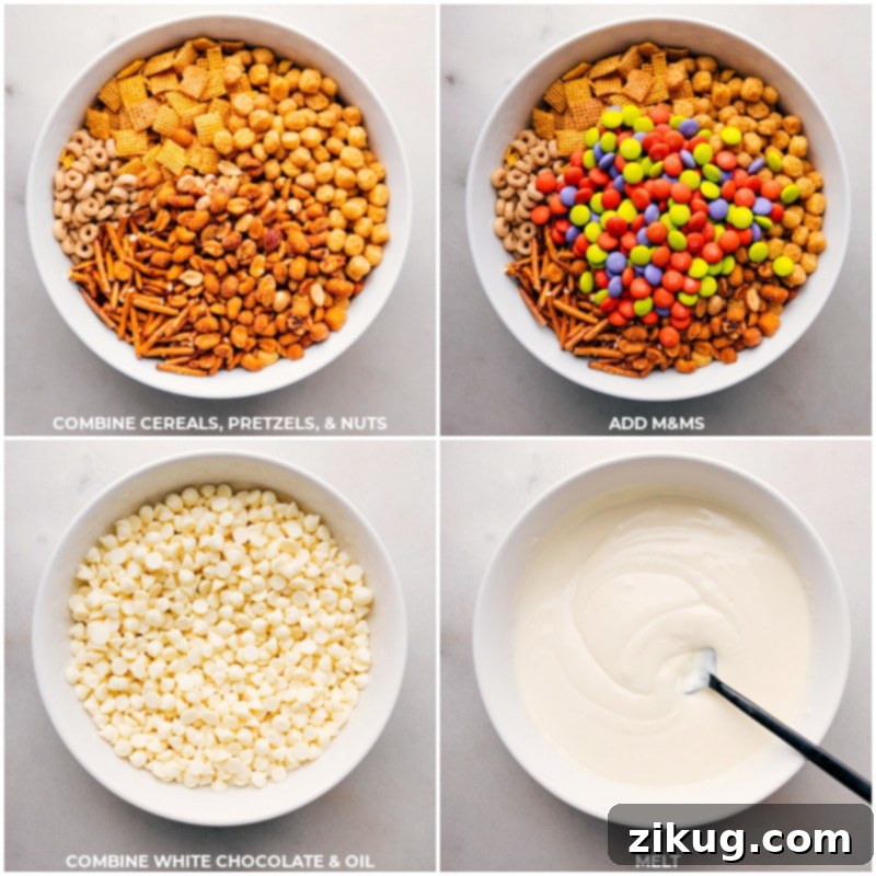 Combine cereals, pretzels and nuts; add M&M's; combine white chocolate and oil; melt to create a smooth mixture for this monster munch.