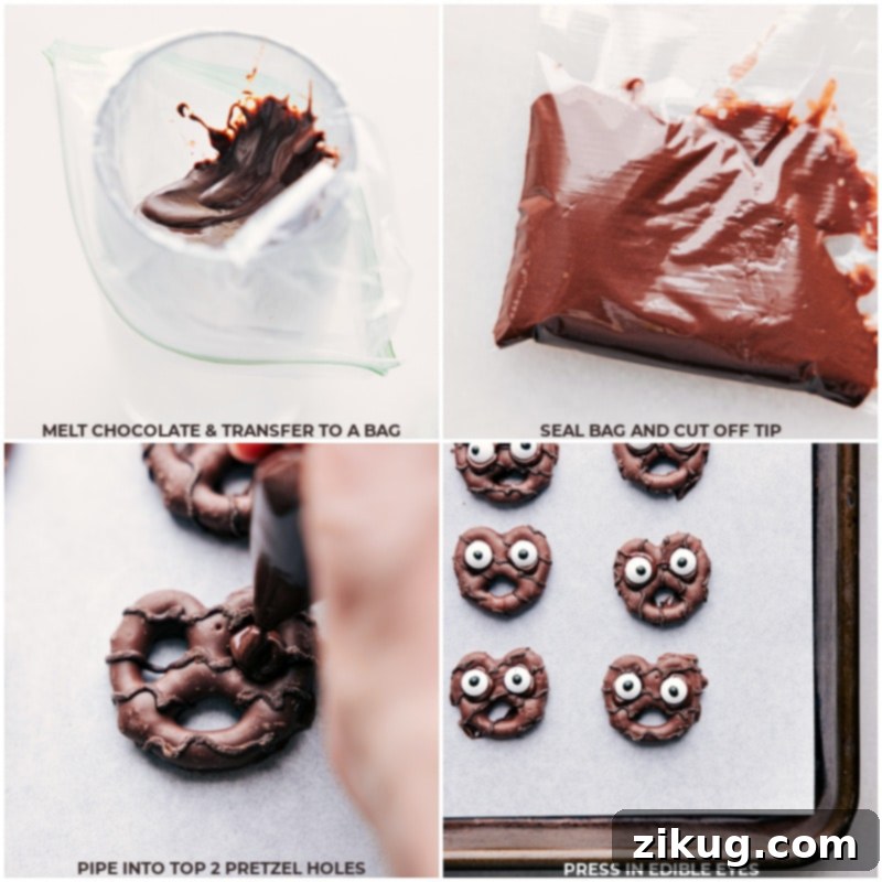 These Goblin Goodies (Halloween Muddy Buddies) are a fun Halloween treat, bursting with rich flavors of chocolate and peanut butter, complemented by the crunch of cereal, Oreos, and M&M's. It's a spooky and delicious snack mix you won't want to miss! Recipes via ChelseasMessyApron.com #halloween #oreos #M&Ms #chex #muddybuddies #snackmix Process shots showing how to make the Goblin Goodies: melting chocolate, transferring to a piping bag, piping chocolate onto pretzels, and adding edible candy eyes to create the 'goblins'.
