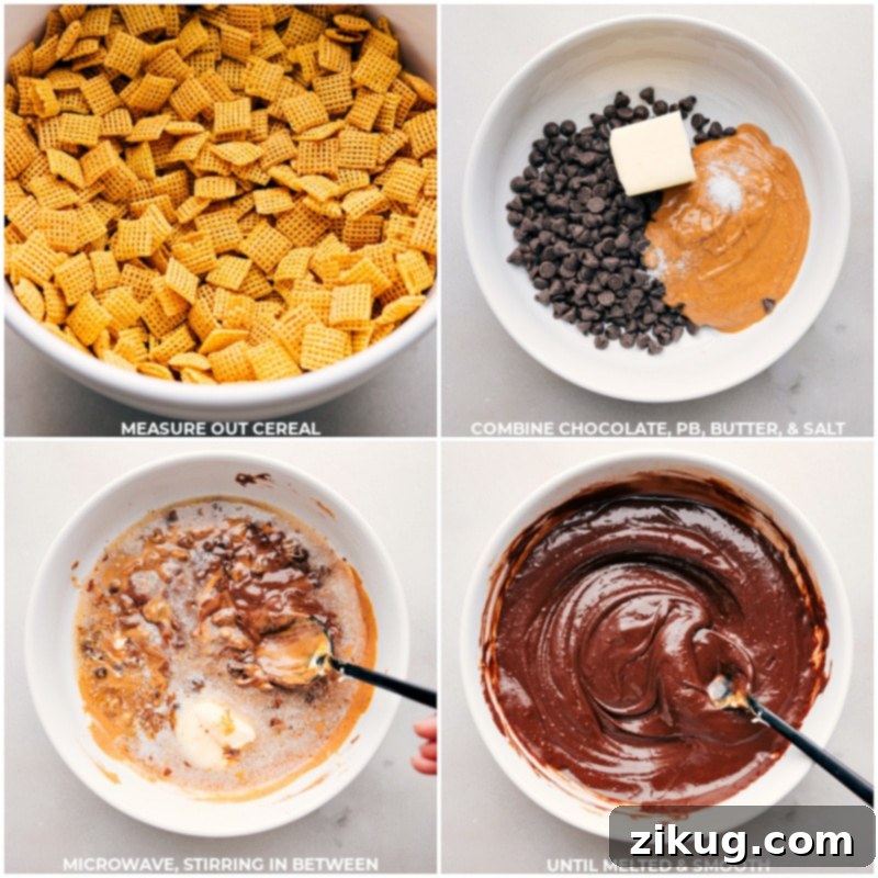 These Goblin Goodies (Halloween Muddy Buddies) are a fun Halloween treat, bursting with rich flavors of chocolate and peanut butter, complemented by the crunch of cereal, Oreos, and M&M's. It's a spooky and delicious snack mix you won't want to miss! Recipes via ChelseasMessyApron.com #halloween #oreos #M&Ms #chex #muddybuddies #snackmix Process shots of Goblin Goodies (Halloween Muddy Buddies): measuring out Chex cereal, combining chocolate chips, peanut butter, and salt in a bowl, then microwaving and stirring the mixture until smooth and melted.