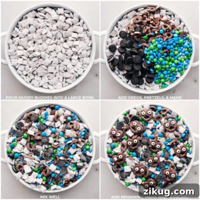 These Goblin Goodies (Halloween Muddy Buddies) are a fun Halloween treat, bursting with rich flavors of chocolate and peanut butter, complemented by the crunch of cereal, Oreos, and M&M's. It's a spooky and delicious snack mix you won't want to miss! Recipes via ChelseasMessyApron.com #halloween #oreos #M&Ms #chex #muddybuddies #snackmix Process shots of Goblin Goodies (Halloween Muddy Buddies): Pouring the coated cereal mix into a large bowl, adding the mini Oreos and M&M's, mixing everything well to combine, and finally garnishing with the prepared pretzel 'Goblins' and remaining M&M's.